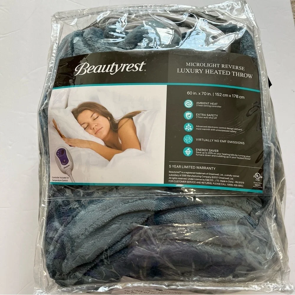 Beautyrest Blue Heated Plush Throw